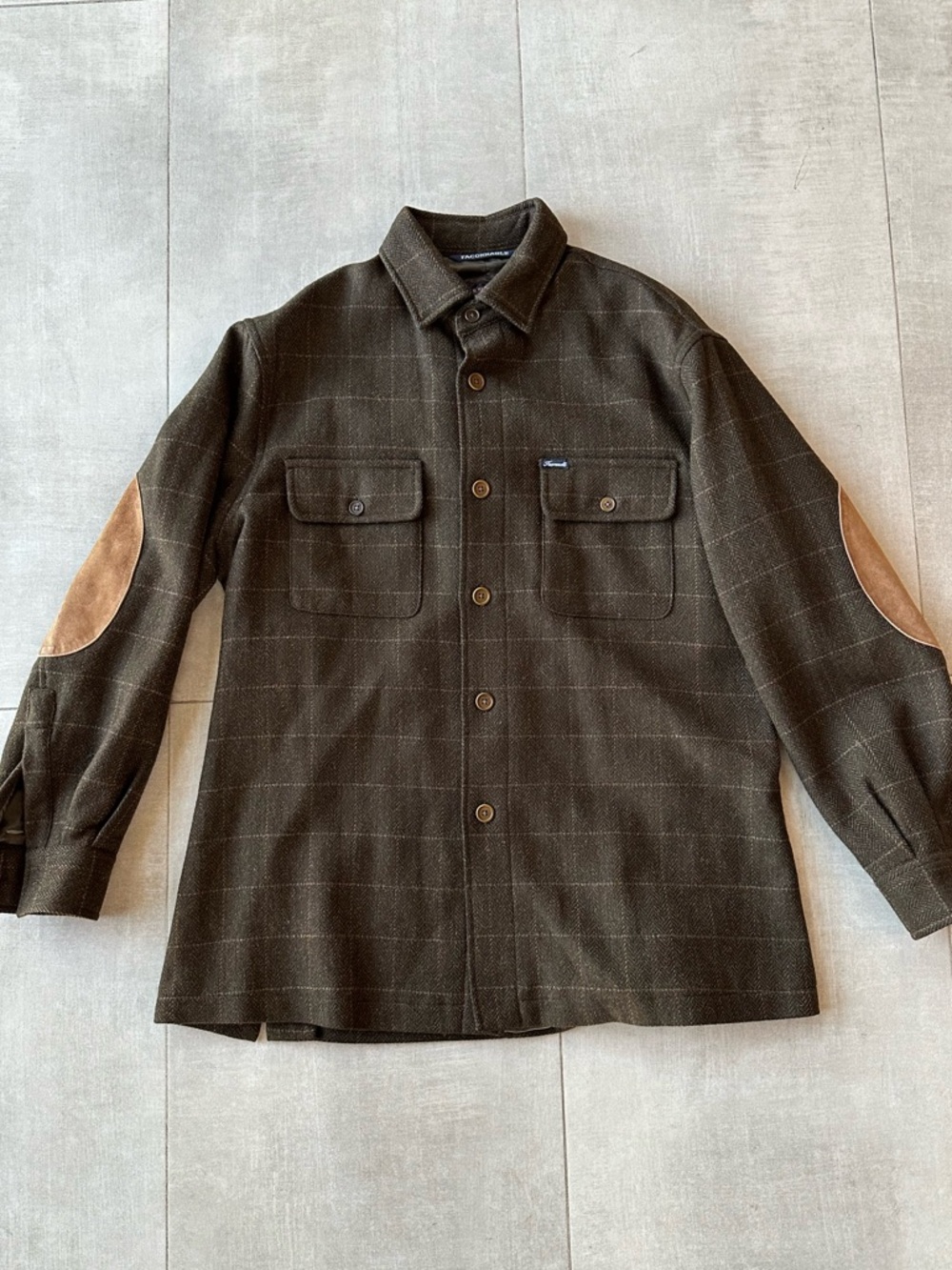 Faconnable Olive Green Lightweight Shirt Jacket with Tan Leather Elbow Patches